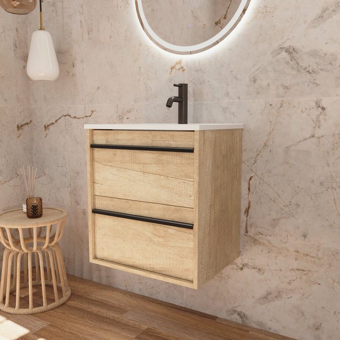 Mattila Noir 500mm Wall Hung Vanity Unit with Matt Black Handles - Rustic Oak