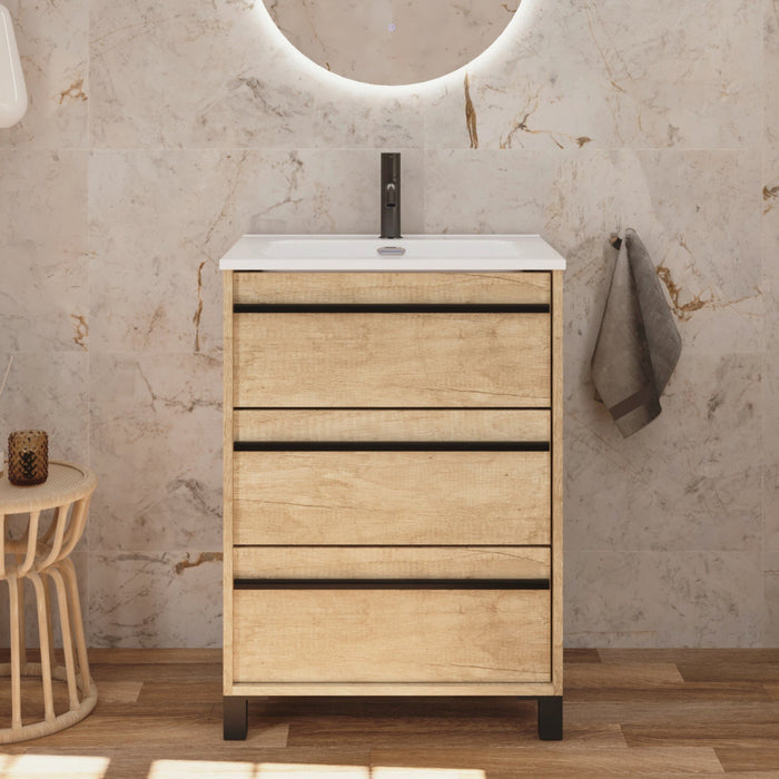 Mattila Noir 600mm Floorstanding Vanity Unit with Matt Black Handles - Rustic Oak