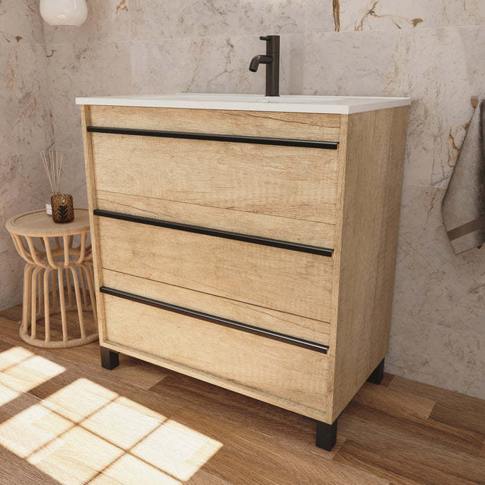 Mattila Noir 600mm Floorstanding Vanity Unit with Matt Black Handles - Rustic Oak