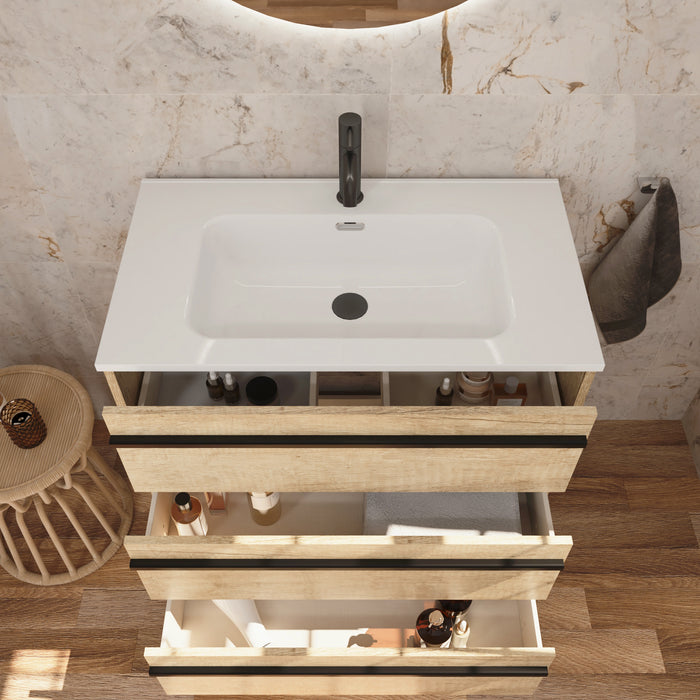 Mattila Noir 600mm Floorstanding Vanity Unit with Matt Black Handles - Rustic Oak