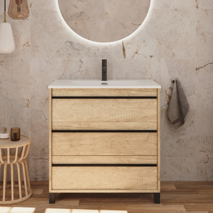 Mattila Noir 1000mm Floorstanding Vanity Unit with Matt Black Handles - Rustic Oak