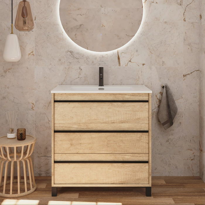 Mattila Noir 800mm Floorstanding Vanity Unit with Matt Black Handles - Rustic Oak