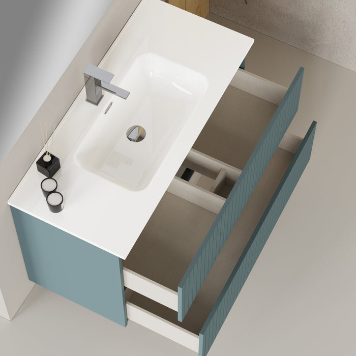Linea Ocean Blue Fluted Double Drawer Wall Hung Vanity Unit Including Basin 1000mm x 460mm