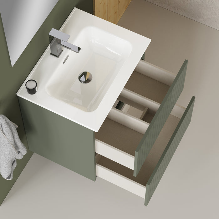 Linea Muscat Sage Fluted Double Drawer Wall Hung Vanity Unit Including Basin 600mm x 460mm