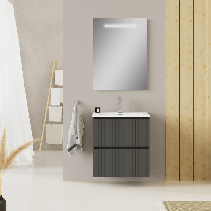 Linea Matt Grey Fluted Double Drawer Wall Hung Vanity Unit Including Basin 600mm x 460mm