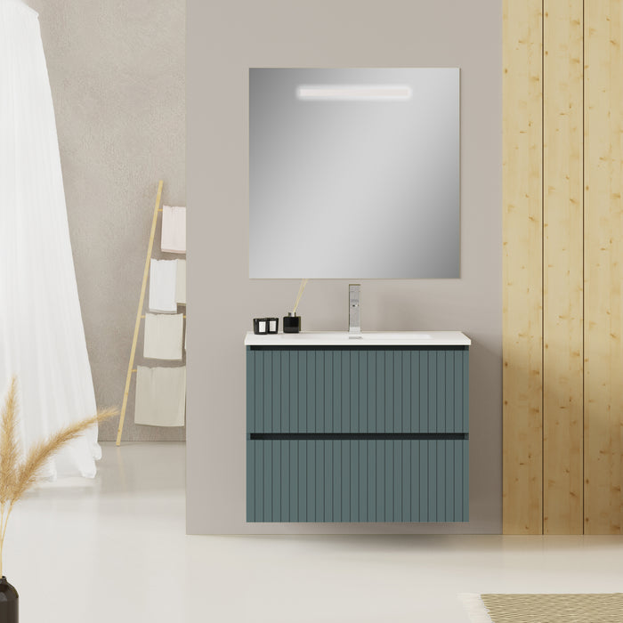 Linea Ocean Blue Fluted Double Drawer Wall Hung Vanity Unit Including Basin 800mm x 460mm