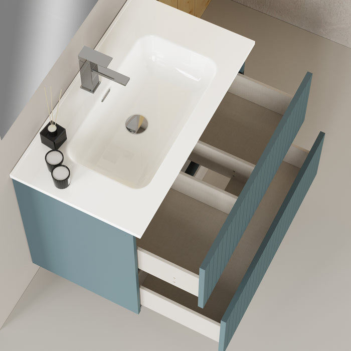 Linea Ocean Blue Fluted Double Drawer Wall Hung Vanity Unit Including Basin 800mm x 460mm