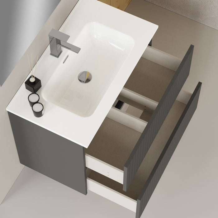 Linea Matt Grey Fluted Double Drawer Wall Hung Vanity Unit Including Basin 800mm x 460mm