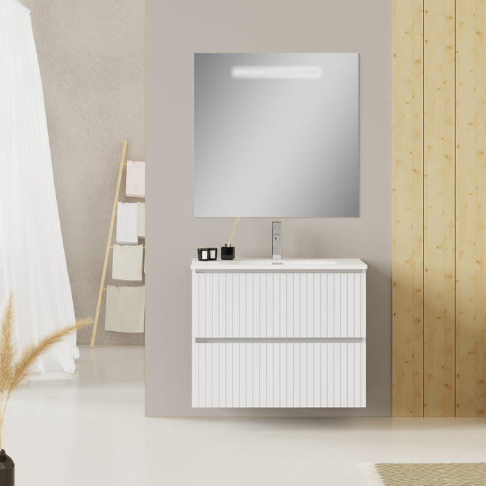 Linea Matt White Fluted Double Drawer Wall Hung Vanity Unit Including Basin 800mm x 460mm