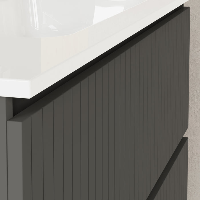 Banyetti Linea Matt Grey Ribbed Double Drawer Wall Hung Vanity Unit 1000mm x 390mm