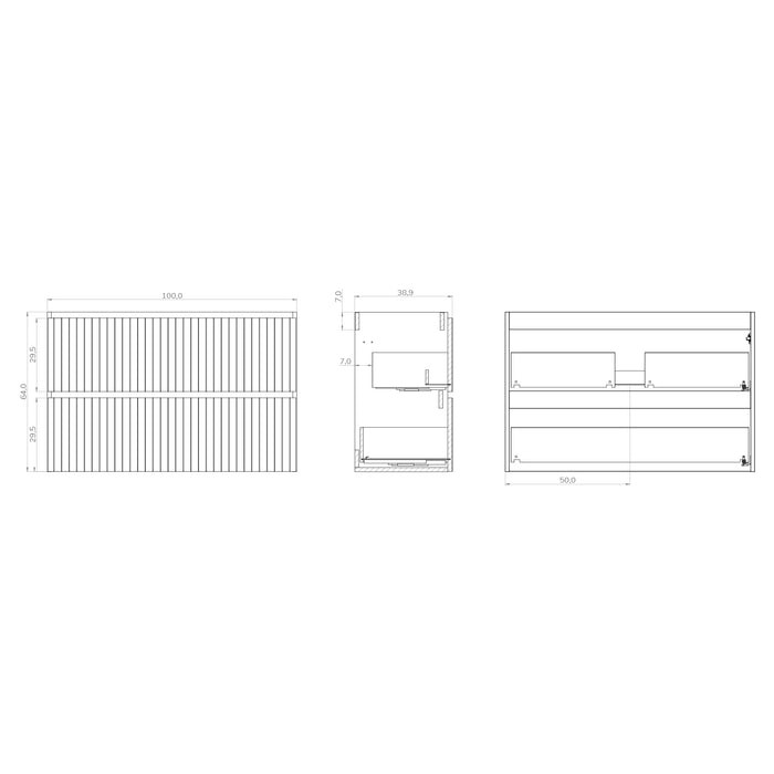 Banyetti Linea Matt Grey Ribbed Double Drawer Wall Hung Vanity Unit 1000mm x 390mm