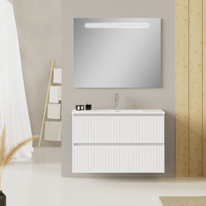 Linea Matt White Fluted Double Drawer Wall Hung Vanity Unit Including Basin 1000mm x 390mm