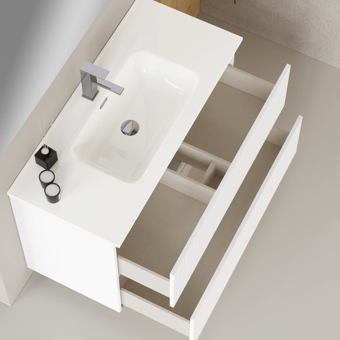 Linea Matt White Fluted Double Drawer Wall Hung Vanity Unit Including Basin 1000mm x 390mm