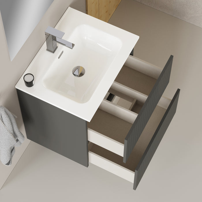 Linea Matt Grey Fluted Double Drawer Wall Hung Vanity Unit Including Basin 600mm x 390mm