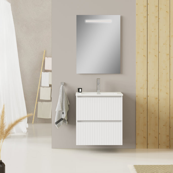 Linea Matt White Fluted Double Drawer Wall Hung Vanity Unit Including Basin 600mm x 390mm