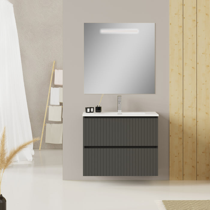 Linea Matt Grey Fluted Double Drawer Wall Hung Vanity Unit Including Basin 800mm x 390mm