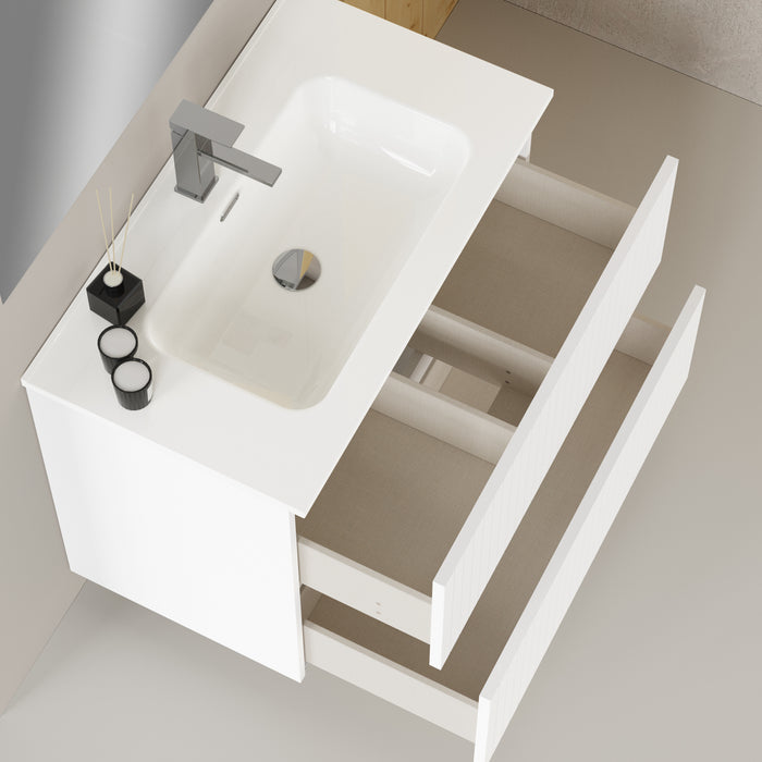 Linea Matt White Fluted Double Drawer Wall Hung Vanity Unit Including Basin 800mm x 390mm