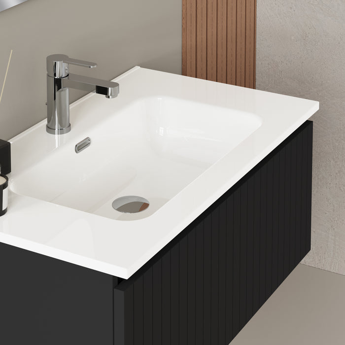 Linea Matt Black Fluted Wall Hung Vanity Unit Including Basin 800mm x 390mm