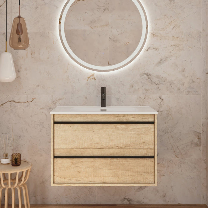 Mattila Noir 800mm Wall Hung Vanity Unit with Matt Black Handles - Rustic Oak