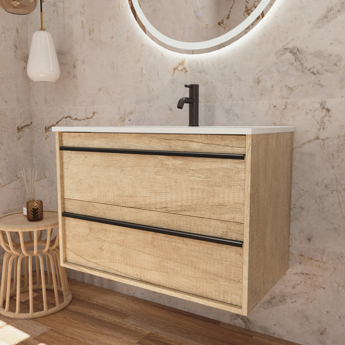 Mattila Noir 800mm Wall Hung Vanity Unit with Matt Black Handles - Rustic Oak