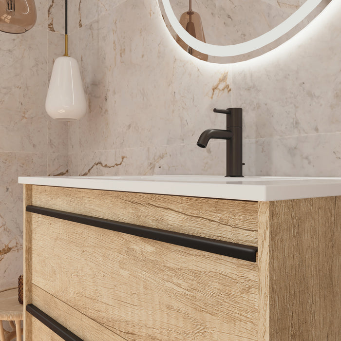 Mattila Noir 800mm Wall Hung Vanity Unit with Matt Black Handles - Rustic Oak