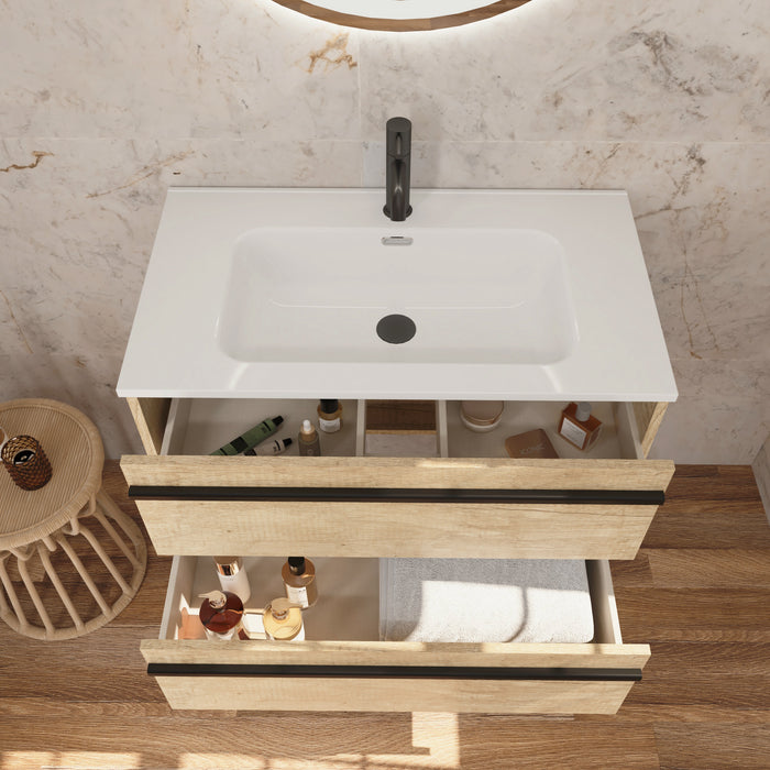 Mattila Noir 800mm Wall Hung Vanity Unit with Matt Black Handles - Rustic Oak