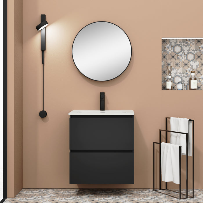 Kaduro 600mm Matt Black Double Drawer Wall Hung Vanity Unit including Basin