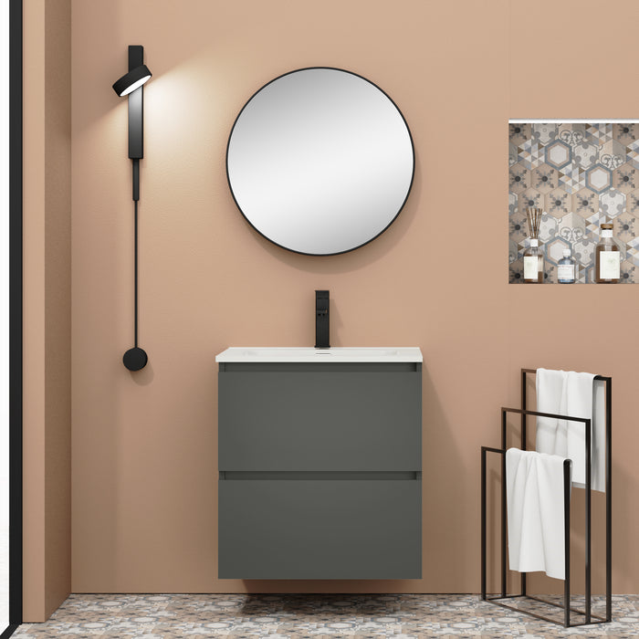 Kaduro 600mm Matt Grey Double Drawer Wall Hung Vanity Unit including Basin