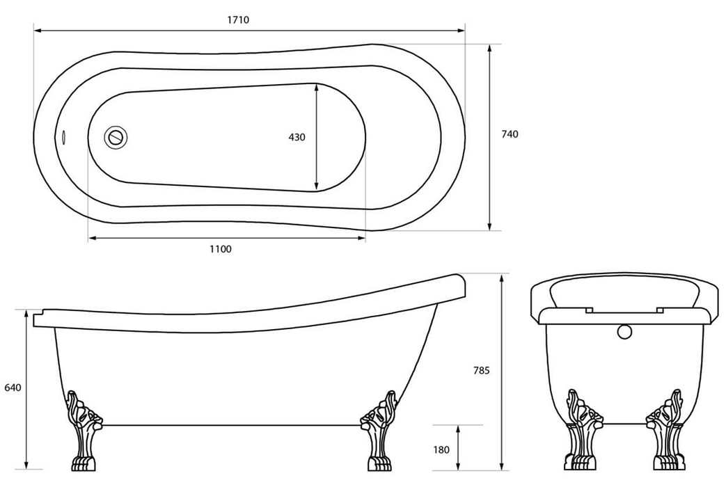 Trojan Eaton Slipper Roll Top Bath with Tap Ledge 1710 x 785mm