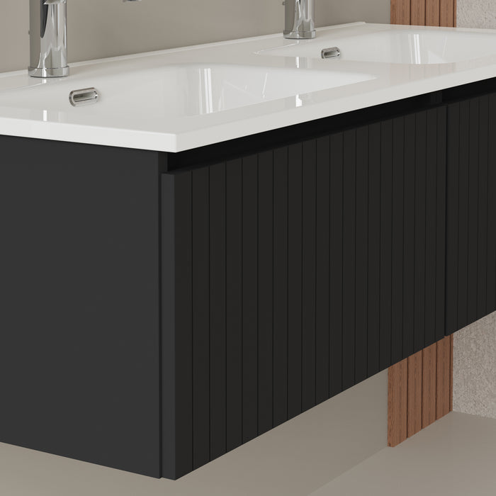 Linea Matt Black Fluted Wall Hung Vanity Unit Including Double Basin 1200mm x 460mm