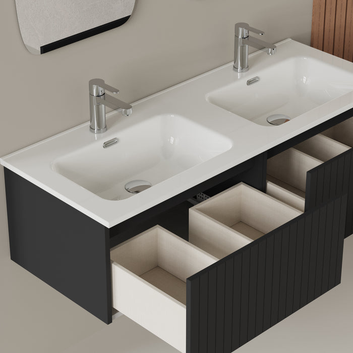 Linea Matt Black Fluted Wall Hung Vanity Unit Including Double Basin 1200mm x 460mm