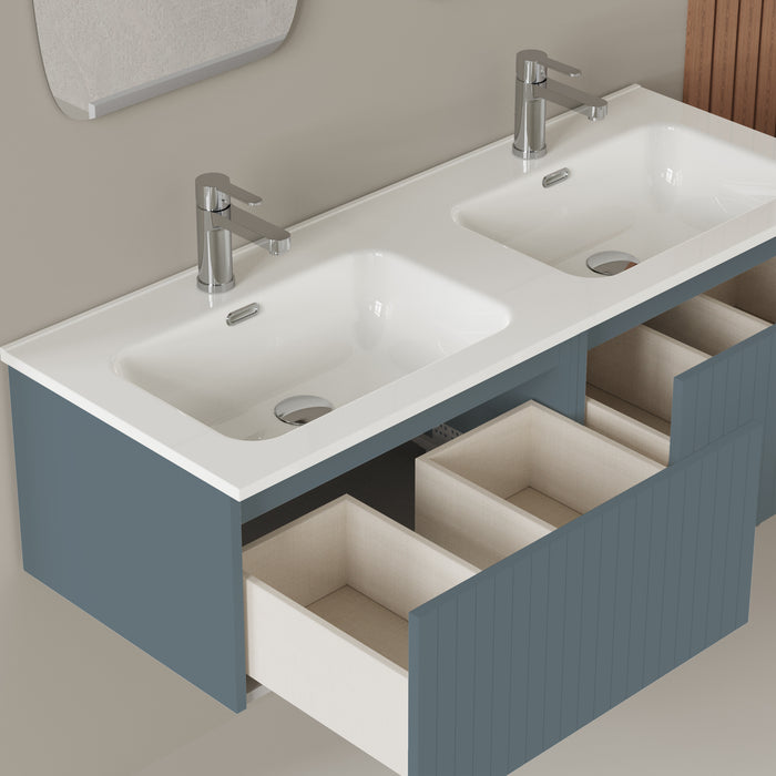Linea Ocean Blue Fluted Wall Hung Vanity Unit Including Double Basin 1200mm x 460mm