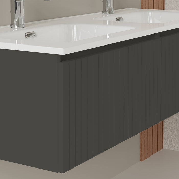 Linea Matt Grey Fluted Wall Hung Vanity Unit Including Double Basin 1200mm x 460mm