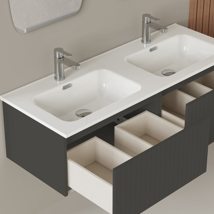 Linea Matt Grey Fluted Wall Hung Vanity Unit Including Double Basin 1200mm x 460mm