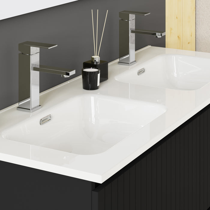 Linea Matt Black Fluted Double Drawer Wall Hung Vanity Unit Including Double Basin 1200mm x 460mm