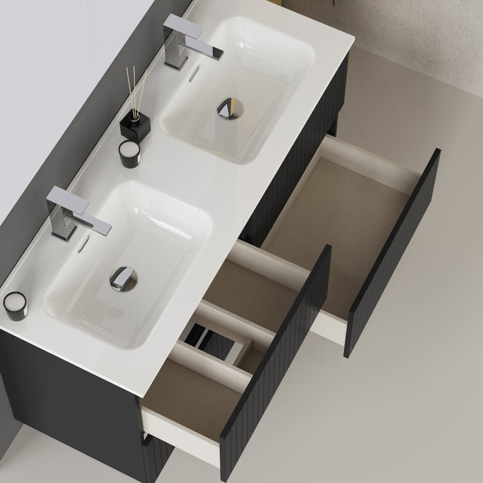 Linea Matt Black Fluted Double Drawer Wall Hung Vanity Unit Including Double Basin 1200mm x 460mm