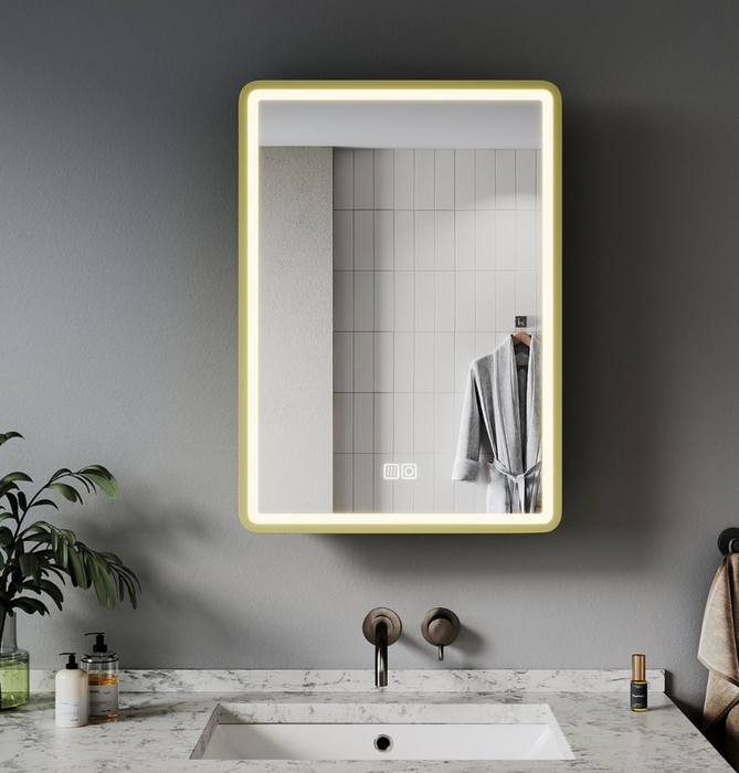 NILE Brushed Brass 500x710mm Illuminated Bathroom Mirror Cabinet with Shaver Socket
