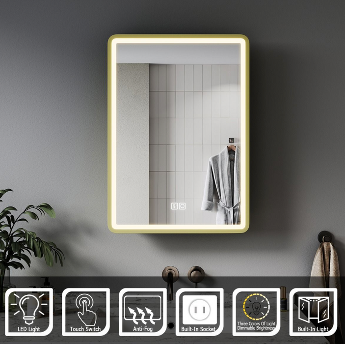 NILE Brushed Brass 500x710mm Illuminated Bathroom Mirror Cabinet with Shaver Socket