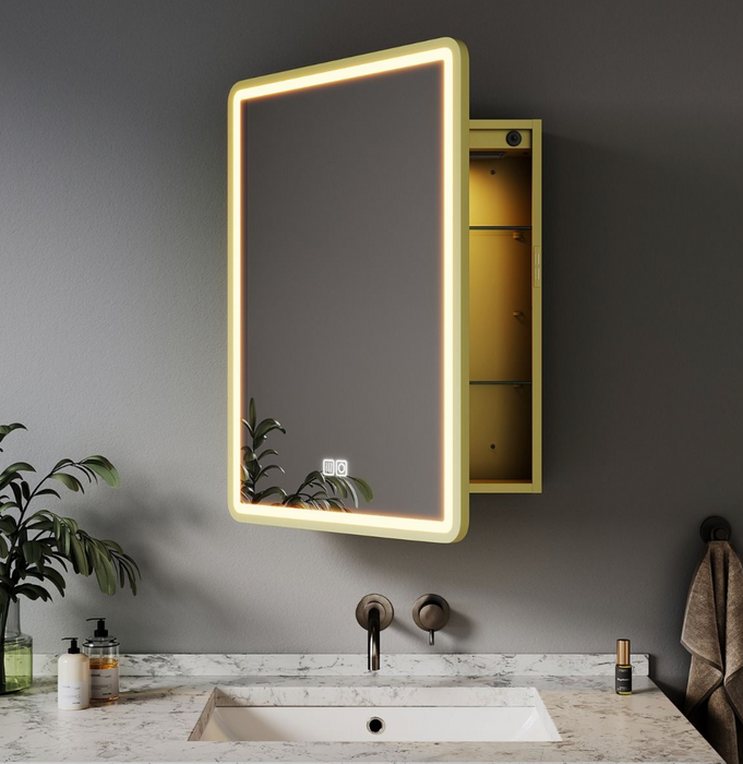 NILE Brushed Brass 500x710mm Illuminated Bathroom Mirror Cabinet with Shaver Socket
