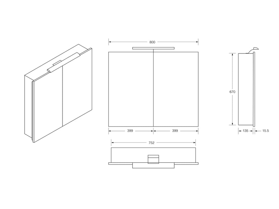 Roca Sol Premium 800mm 2 Door Aluminum Mirror Cabinet
