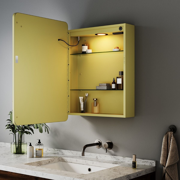 NILE Brushed Brass 500x710mm Illuminated Bathroom Mirror Cabinet with Shaver Socket