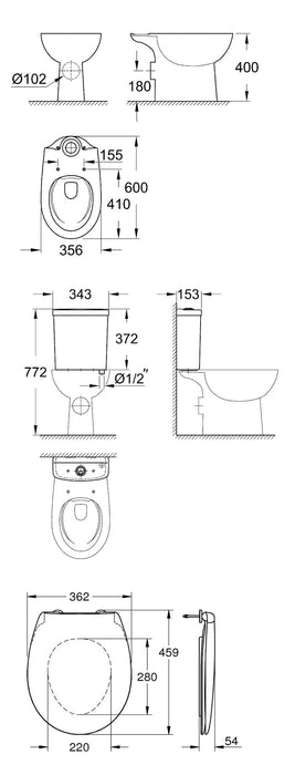 Grohe Bau Rimless Close Coupled Toilet + Soft Close Seat (Bottom Inlet)