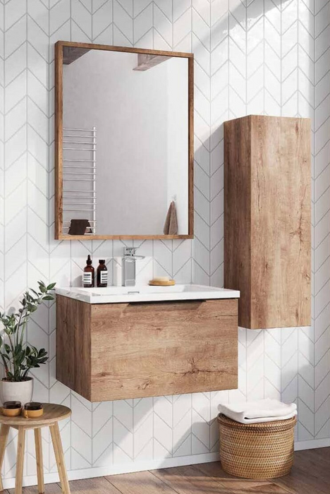 Ambience 600 Rustic Oak LED Wall Hung Vanity with White Basin