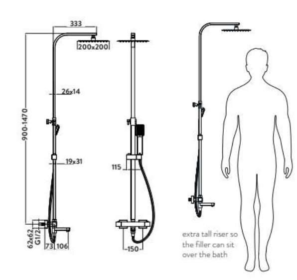 Block Chrome Rigid Riser Shower with Bath Filler — Wise Bathrooms