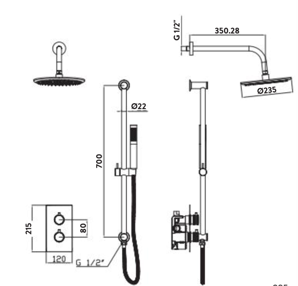 Core Brushed Brass Round Handle with Head and Handset Riser Kit