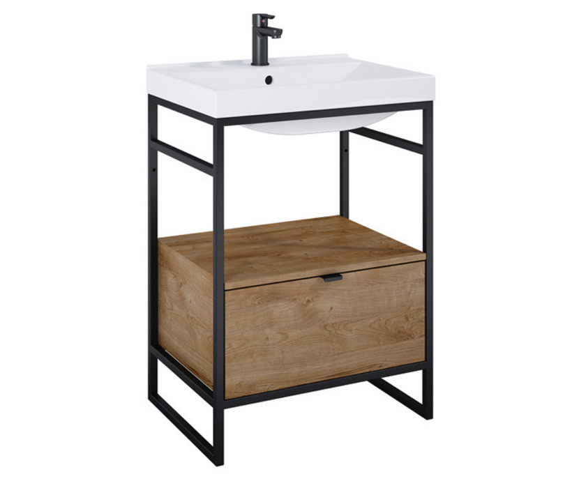 Indus Rustic Oak 800 Freestanding Vanity Frame with Drawer and Basin