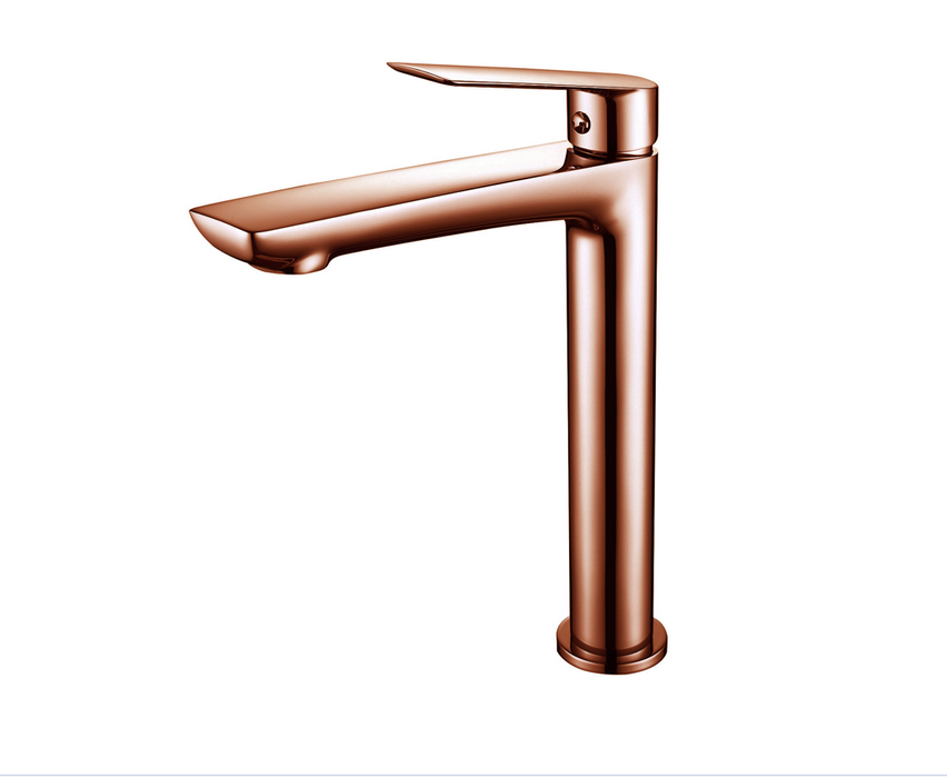Sleek Rose Gold Tall Basin Mixer with Click-Clack Waste