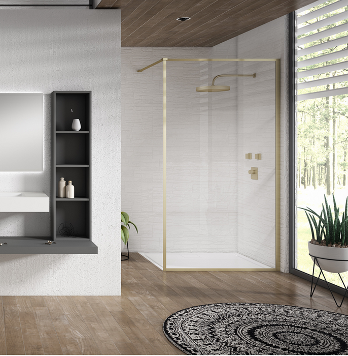 Velar+ Brushed Brass Walk In Panel 800mm with Stabilising Bar