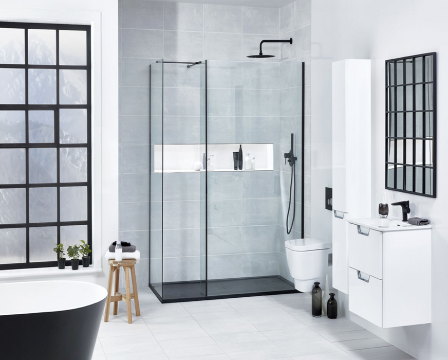 Onyx L-Shaped Black 8mm Walk In Panel 800mm with Support Arm