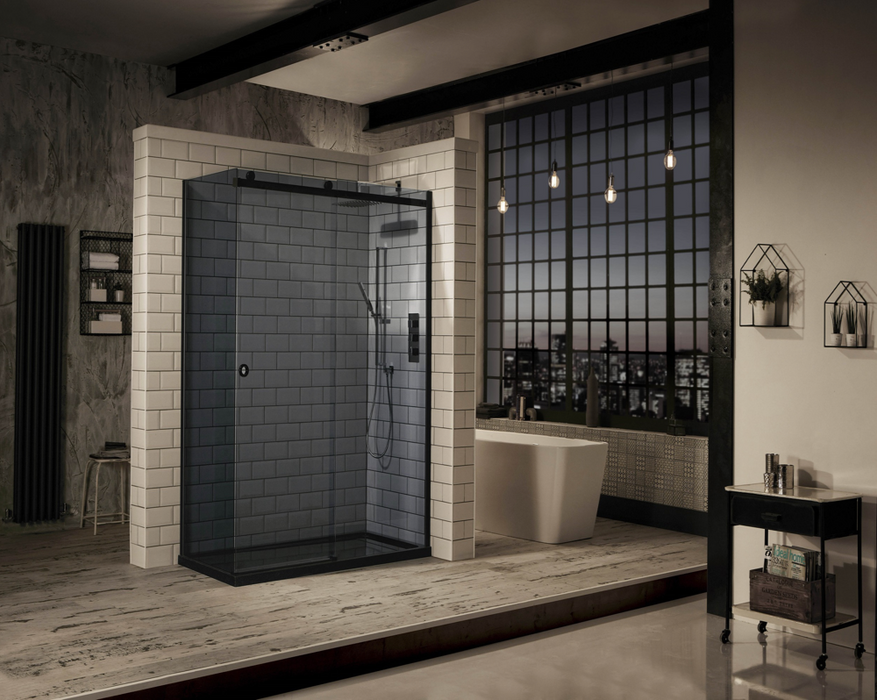 Sphere Matt Black Tinted Sliding Door Shower Enclosure 1600mm